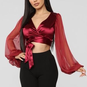 Red Wrap Satin Top; Waist Tie; Puff Mesh Sleeves | size: L